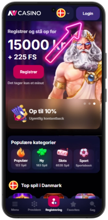 NV Casino Blå login knap i øverste hjørne