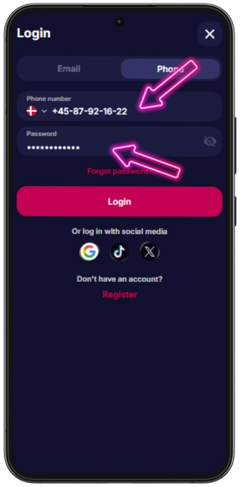 NV Casino Login formular med mobilnummer og adgangskode felter